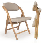 Wood Folding Chair with Padded Seats, one is perspective view, another is side view.
