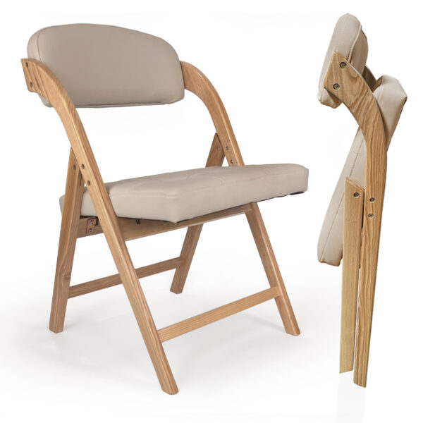 Wood Folding Chair with Padded Seats, one is perspective view, another is side view.